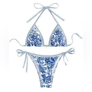 WDIRARA Two Piece String Bikini Swimsuit Women’s Size XXS Floral Boho Sexy